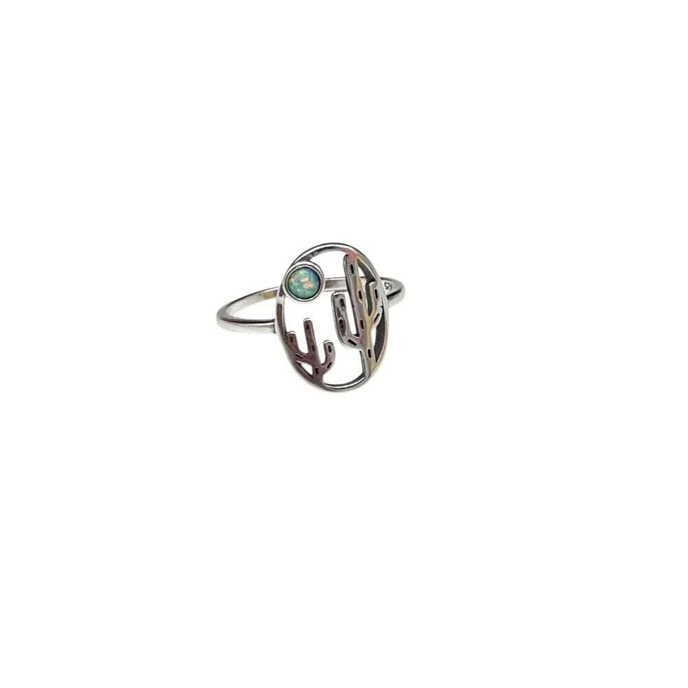 Fire Opal Cactus Ring Size 6 Solid 925 Sterling Silver Cacti Desert Scene